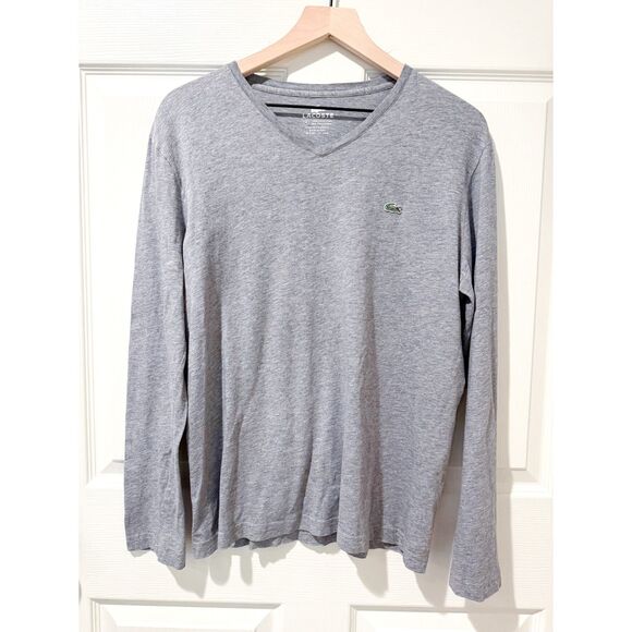 Lacoste 100% Pima Cotton Womens V-Neck Long Sleeve Tee Elevated Basic Gray 4 SM - Picture 1 of 9